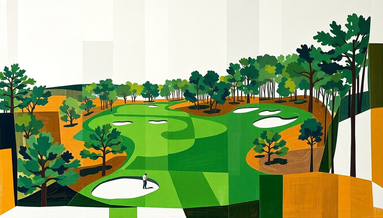 A fractured, multi-perspective painting breaking down the Amen Corner golf holes into sharp, overlapping geometric shapes in a palette of greens, browns, and whites, conceptually representing the physical and mental obstacles faced by players in this iconic stretch of the course.
