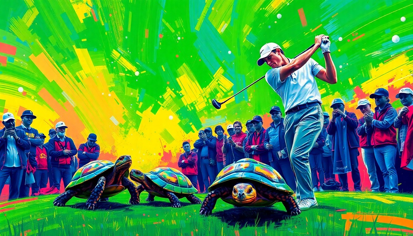 An extreme close-up of Rory McIlroy's golf ball skipping across the water and landing on the 15th green at Augusta National, with two turtles in the foreground watching the dramatic moment unfold in a vibrant, expressionist painting style.