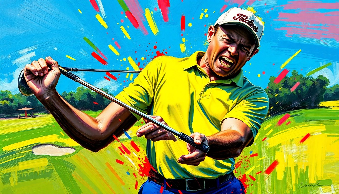 An abstract, energetic painting featuring bold, swirling brushstrokes in neon shades of green, yellow, and red, conveying the raw emotion and physical intensity of a golfer lashing out in frustration on the course.