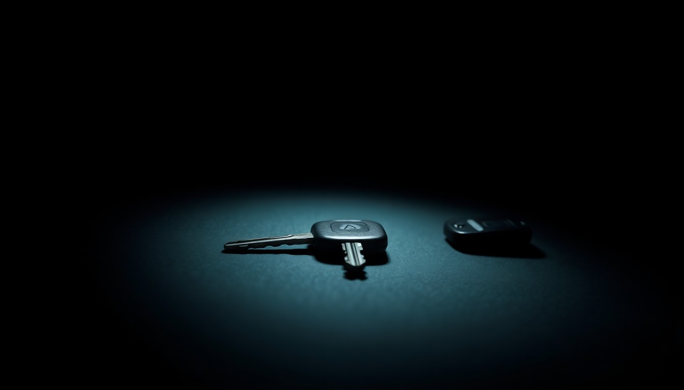 An extreme close-up photograph of a single car key on a dark background, lit by a harsh, direct camera flash, conceptually representing the physical evidence of a missing person case.