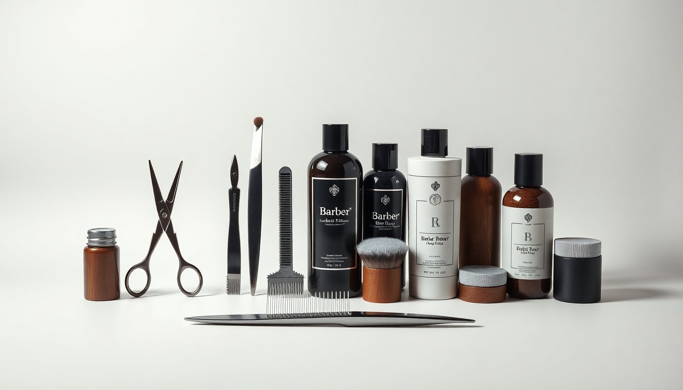 A minimalist studio still life photograph featuring a set of premium barber tools and grooming products arranged elegantly on a clean, monochromatic background, conceptually representing the precision and professionalism of the new barber shop.