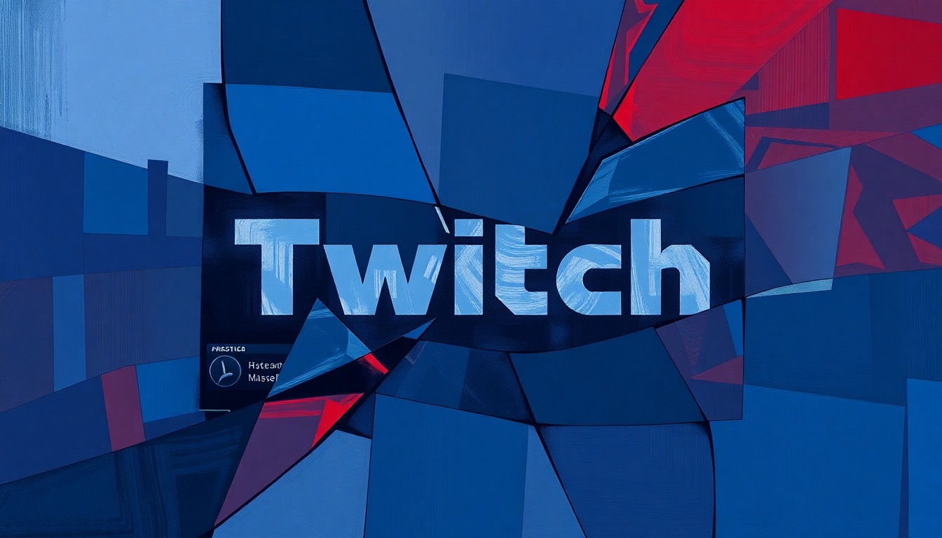 A fractured, abstract painting with overlapping geometric shapes and waves of color in blues, grays, and reds, conceptually representing the divisive political discourse surrounding Hasan Piker and the New York Times' coverage of him.