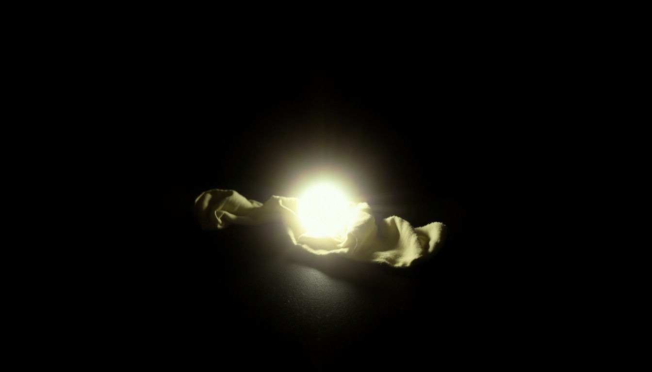 An extreme close-up photograph of a single piece of crime scene evidence, such as a discarded item of clothing or a personal belonging, lit by a harsh, direct camera flash against a pitch-black background, conceptually illustrating the investigation into an unexplained death.