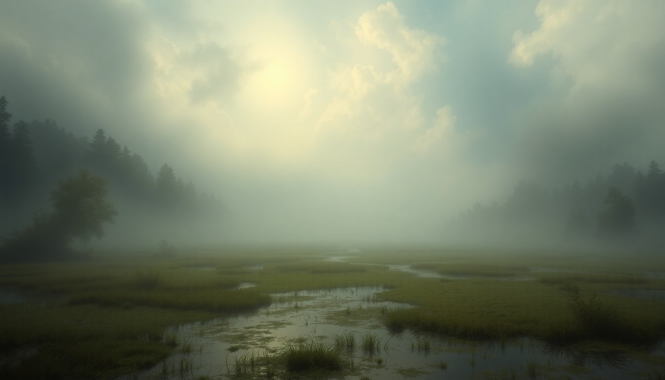 A serene, fog-shrouded wetland scene with a dramatic, atmospheric landscape in muted tones, conceptually representing the persistent threat of mosquitoes in the natural world.