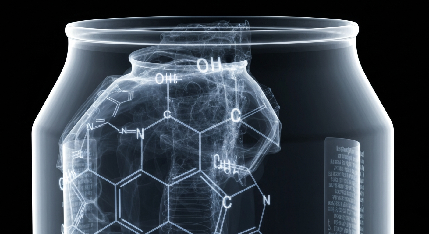 An extreme close-up X-ray photograph revealing the internal structure and chemical composition of an energy drink can in glowing, ghostly lines against a dark background, conceptually illustrating the hidden health risks of these popular beverages.