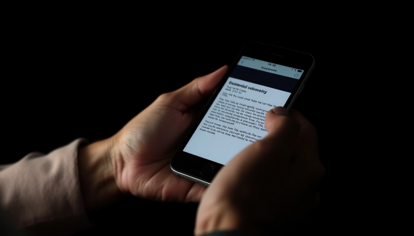 An extreme close-up photograph of a senior citizen's hand holding a smartphone, the screen displaying a suspicious email, lit by a harsh, direct camera flash against a pitch-black background, conceptually illustrating the gritty, investigative nature of combating fraud.