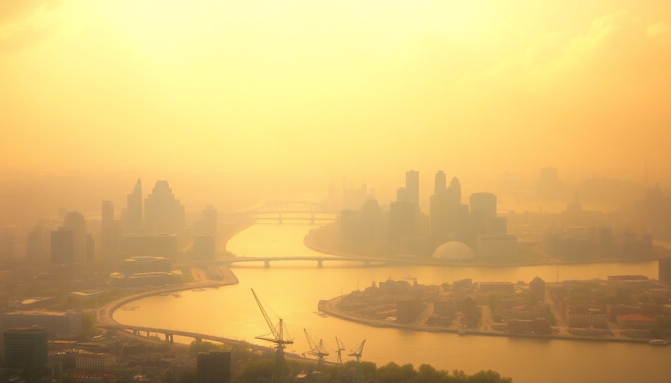 A sweeping, atmospheric landscape painting depicting the Baltimore skyline and harbor shrouded in a hazy, oppressive heat, with the city's buildings and landmarks dwarfed by the dramatic, sublime scale of the natural environment.
