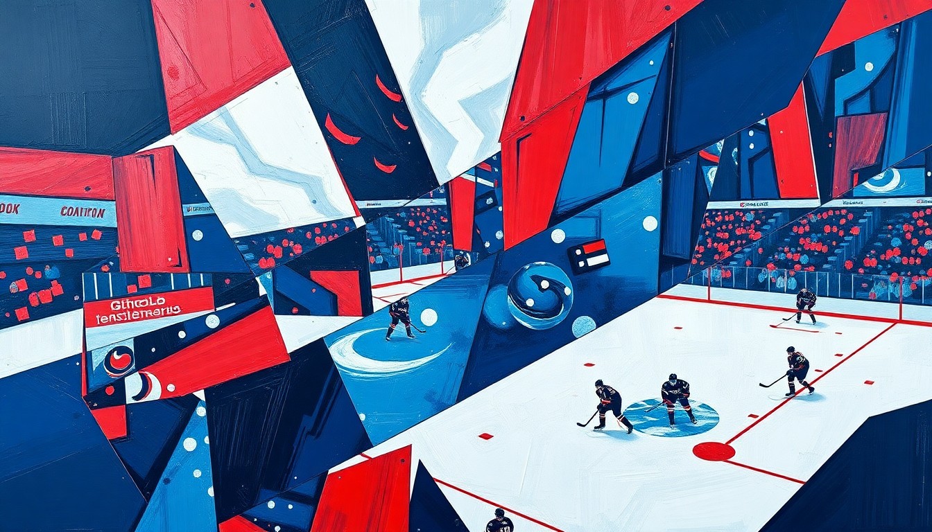 A fractured, multi-perspective painting in the style of Pablo Picasso, breaking a hockey game or match down into sharp, overlapping geometric planes in navy blue, red, and white, conceptually representing the excitement and opportunity of the FanDuel Missouri promotion.