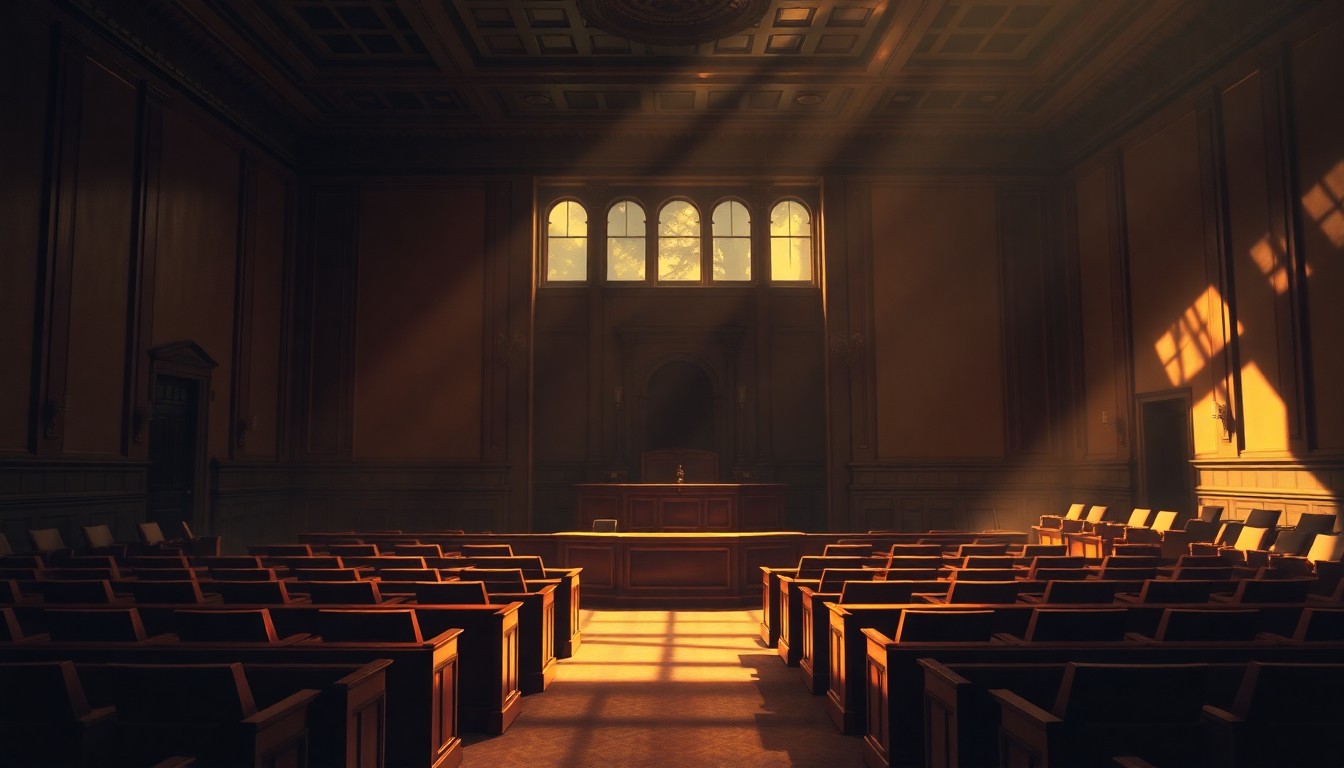 A dimly lit, cinematic painting of an empty city council chamber, with sunlight streaming in through tall windows and casting deep shadows across the ornate wooden furniture and marble floors, conveying a sense of anticipation and civic responsibility.