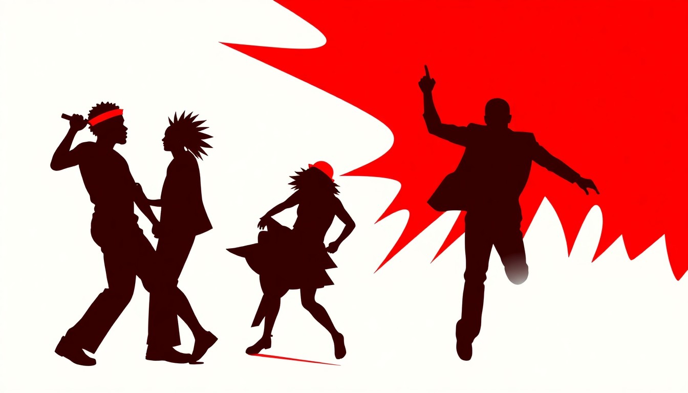 An abstract, minimalist composition of bold, jagged geometric shapes in striking red and white, conveying the revolutionary energy and collective liberation at the heart of dancehall and reggaetón culture.