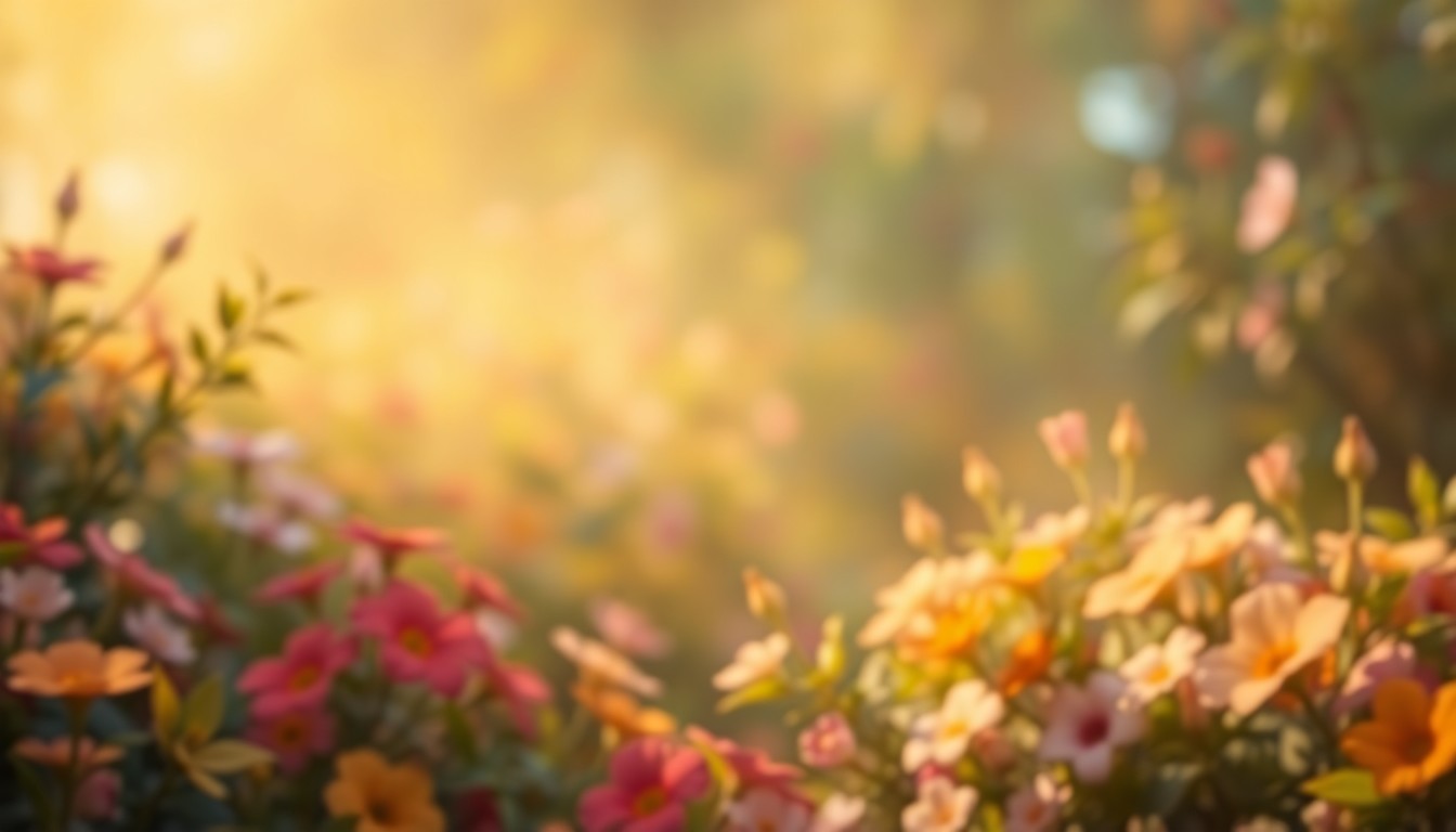 An extremely abstracted, out-of-focus photograph in soft pools of warm color and light, depicting a hazy, dreamlike scene of lush greenery, colorful flowers, and delicate lighting, conceptually representing the transformative potential of small-space gardening.