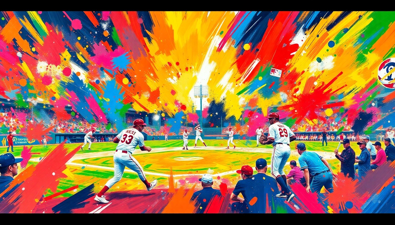 An abstract expressionist painting in neon colors, with rapid brushstrokes depicting the dynamic motion and energy of a minor league baseball game, the players' forms dissolving into unrecognizable shapes and splatters.