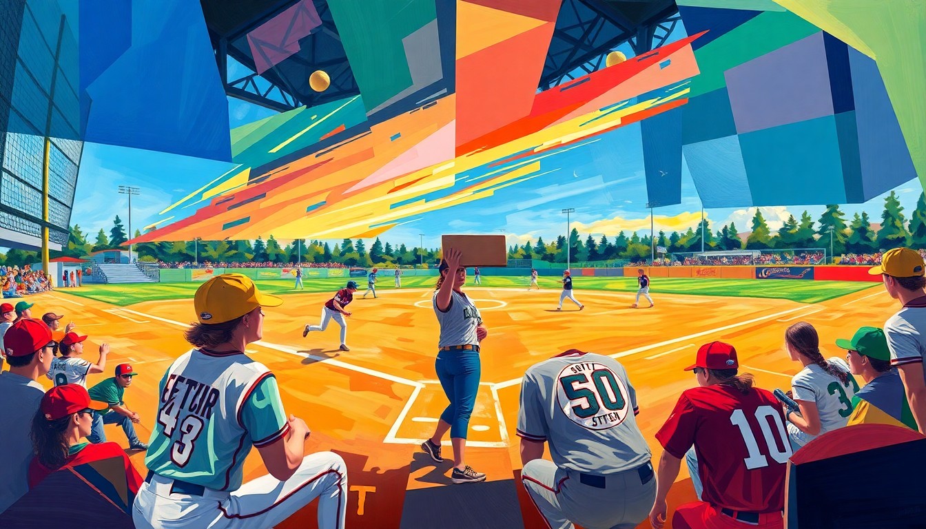 A fragmented, geometric painting depicting the action and energy of a college softball game, with the vibrant colors of the competing teams' uniforms breaking down into sharp, overlapping planes.