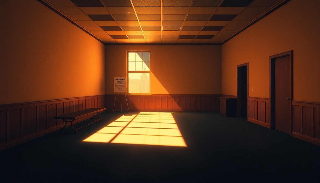 A dimly lit, cinematic painting of an empty city planning office or public meeting space, with warm sunlight streaming in through the windows and deep shadows casting across the room, conveying a sense of civic engagement and community involvement in local development decisions.