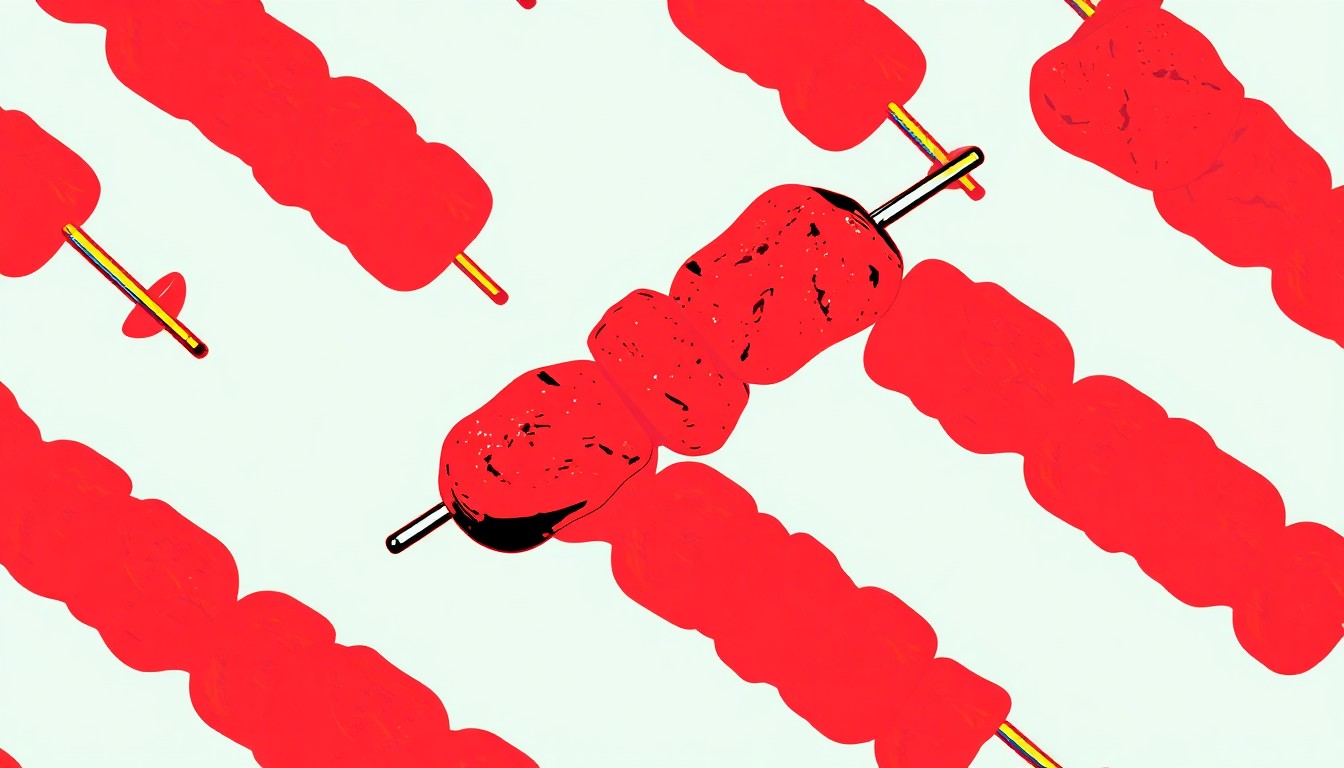 A bold, abstract grid of brightly colored, high-contrast silkscreen images depicting a single grilled steak kabob skewer, conceptually representing the joy and energy of seasonal outdoor entertaining.