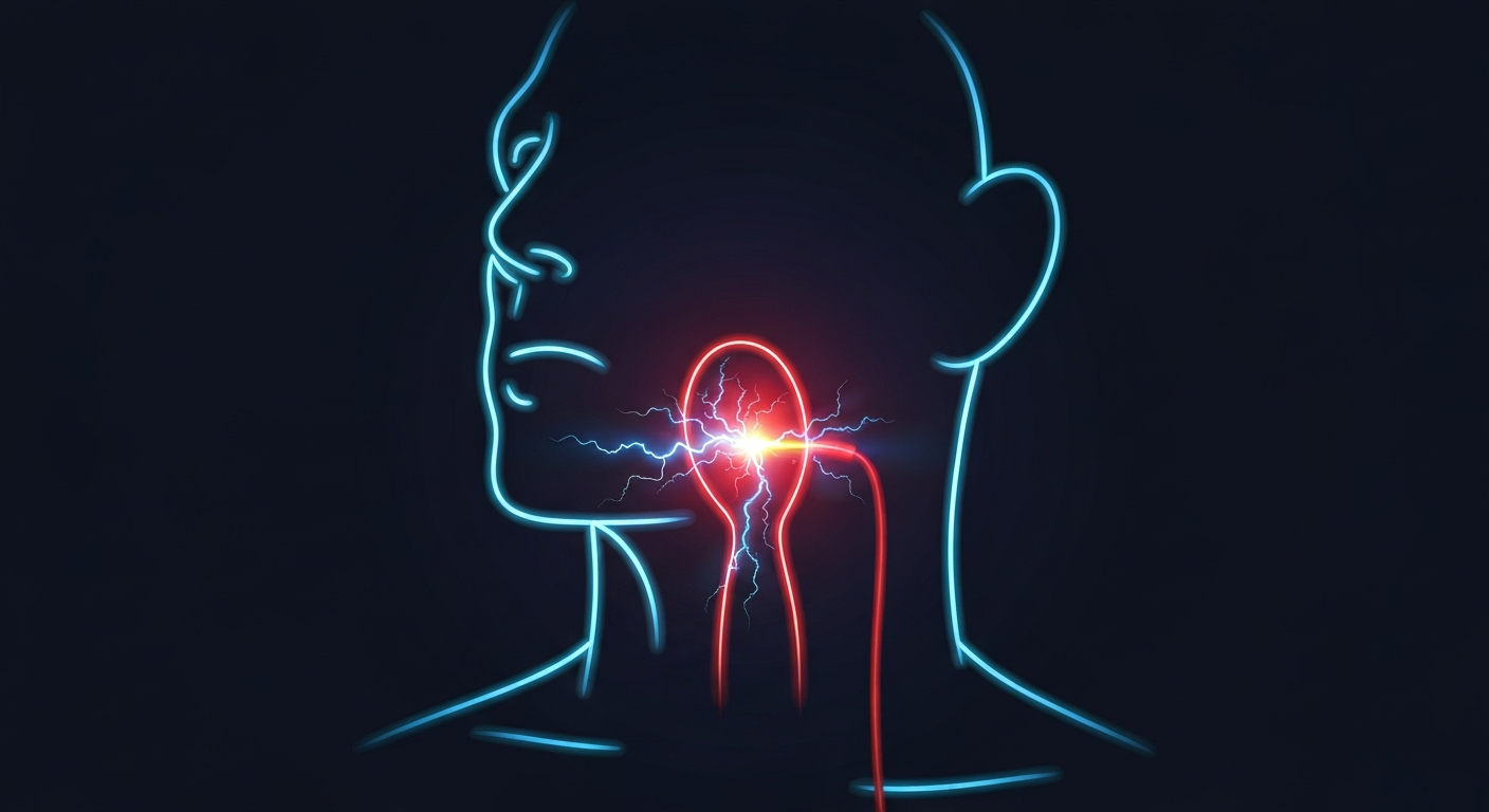A minimalist neon outline of a human throat, glowing against a dark background and pulsing with an electric energy, conceptually representing the health concerns around the recalled cough and throat products.
