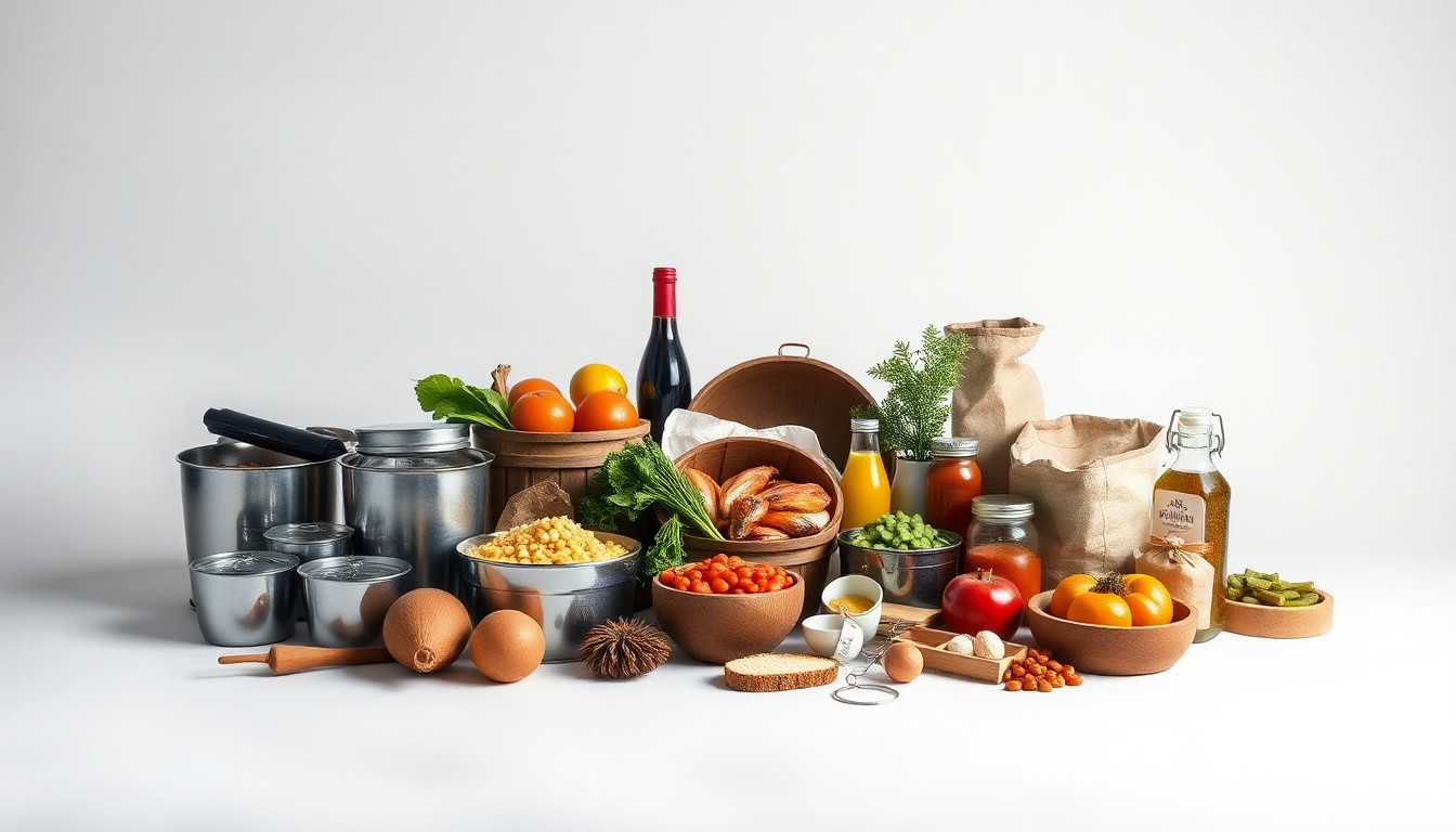 A high-end, photorealistic studio still-life photograph featuring a collection of polished, premium objects arranged elegantly on a clean, monochromatic background, conceptually representing the diverse range of local food products and businesses supported by the LASA grants in Rhode Island.