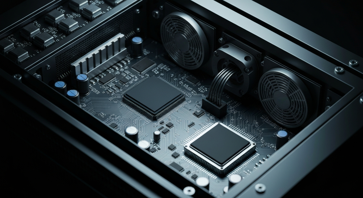 An extreme close-up of the intricate circuitry and components of a cryptocurrency mining rig or blockchain server, conveying the complex technological backbone of the digital asset industry.