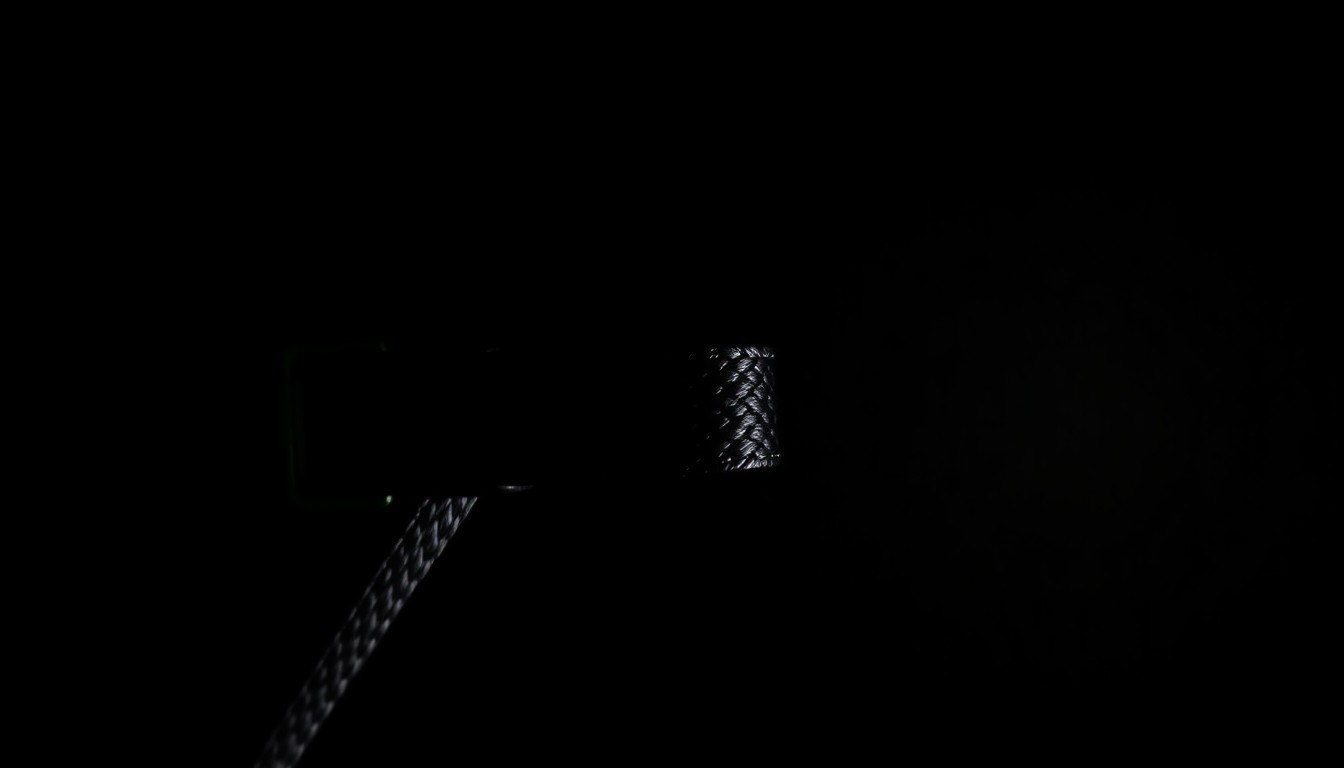 An extreme close-up photograph of a metal dog leash buckle against a dark background, lit dramatically by a harsh camera flash to create a stark, gritty aesthetic.