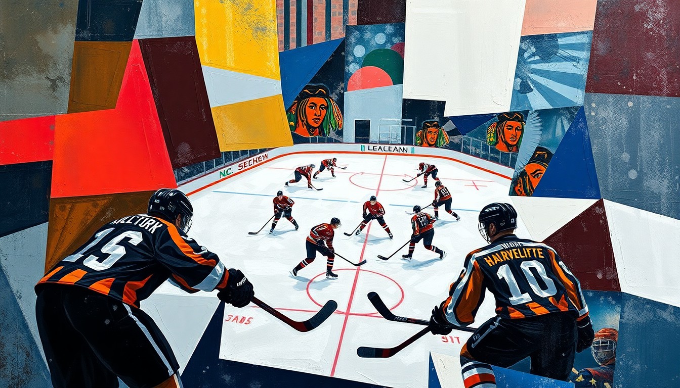 A cubist, geometric painting depicting a hockey game or match, with the players and action broken down into abstract shapes and planes of color, capturing the energy and movement of the sport.