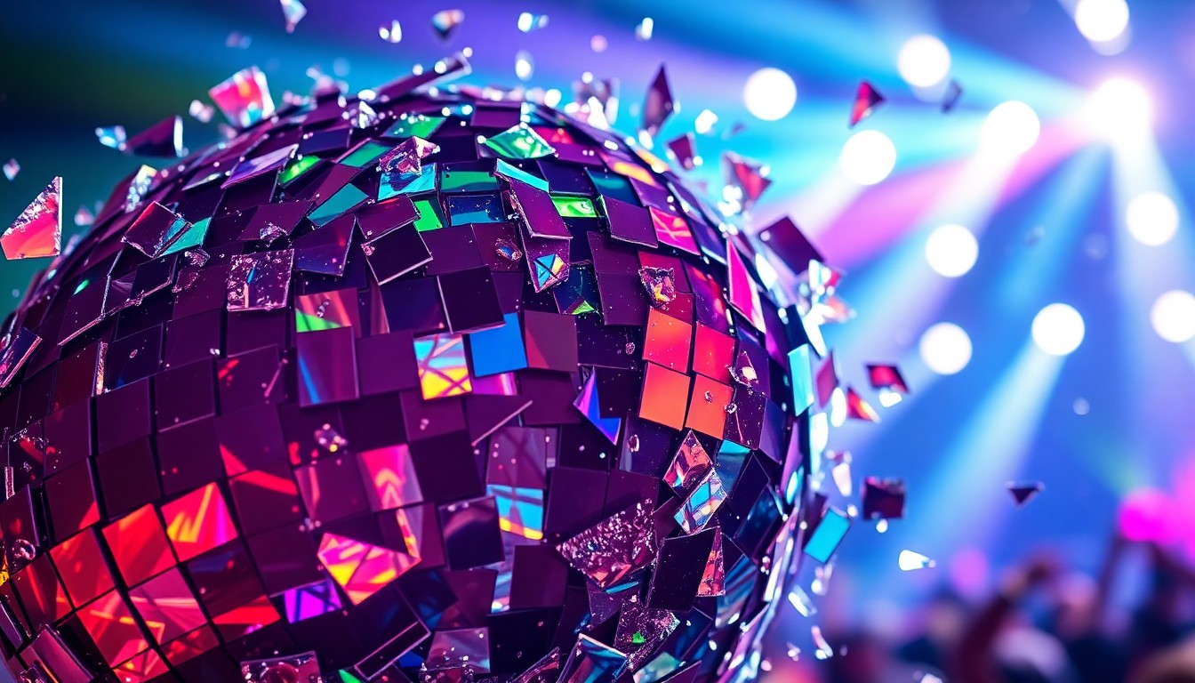 An extreme close-up photograph of shattered, reflective glass shards in various colors, creating a glittering, high-contrast texture that evokes the glamour and excitement of a major music festival performance.