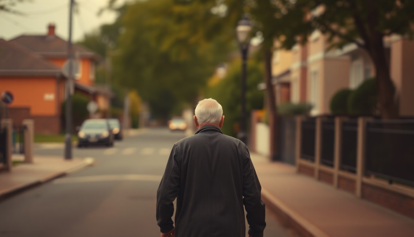 An extremely abstracted, out-of-focus photograph in soft pools of warm color and light, depicting the silhouette of an elderly man walking down a residential street, representing the life and legacy of Joseph P. White.