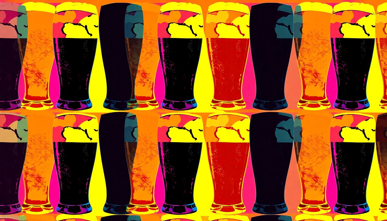 A bold, colorful silkscreen-style illustration featuring a repeating pattern of a beer glass in vibrant neon hues, conceptually representing the energy and creativity of the craft beer industry.