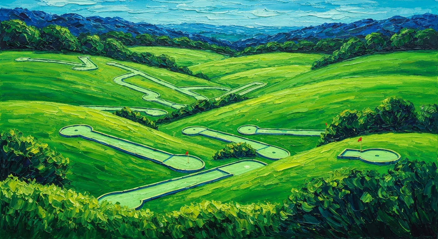 A vibrant, textured oil painting depicting a lush, rolling green landscape with a winding mini golf course weaving through it, conceptually representing the joyful, family-friendly atmosphere of Missouri's best mini golf courses.