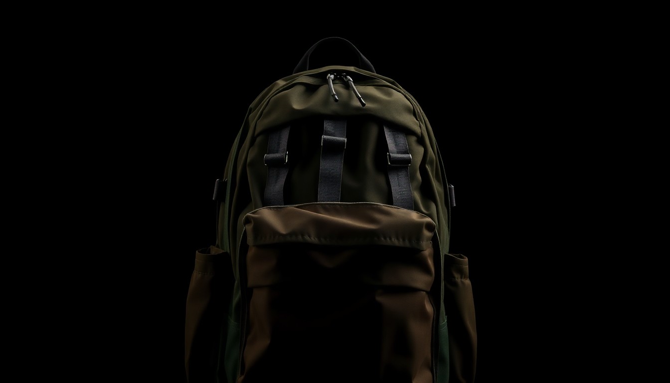An extreme close-up photograph of a green and tan backpack against a black background, dramatically lit by a harsh camera flash to create a stark, gritty investigative aesthetic.