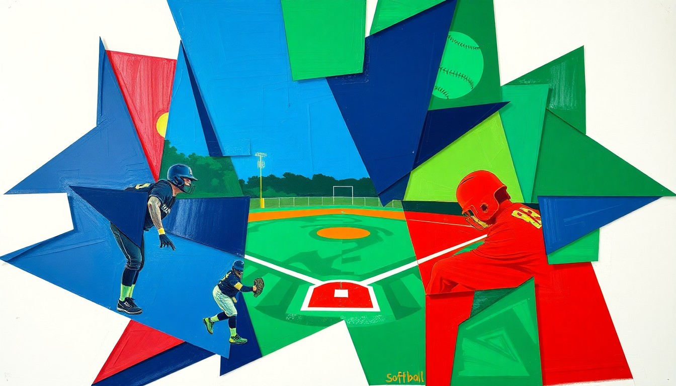 A fragmented, geometric painting depicting a high school softball game, with players and the field broken down into sharp, overlapping planes of color.