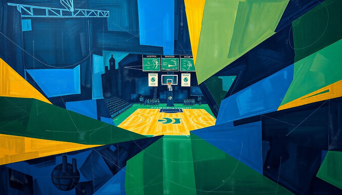 A cubist, geometric painting depicting the dynamic action of a college basketball game, with overlapping planes of navy, green, and gold representing the competing teams.