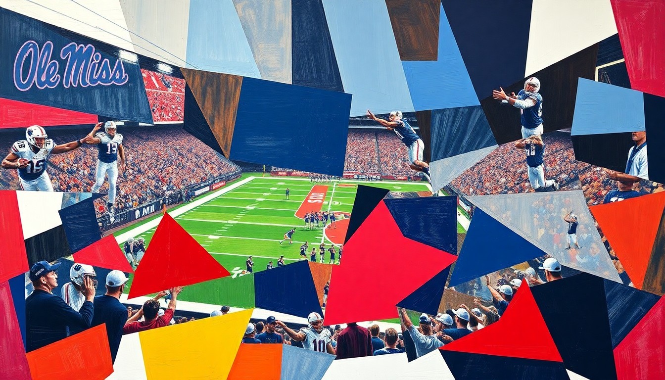 A cubist, geometric painting depicting a fragmented football game, with sharp planes of navy blue, red, and white representing the Ole Miss Rebels colors.