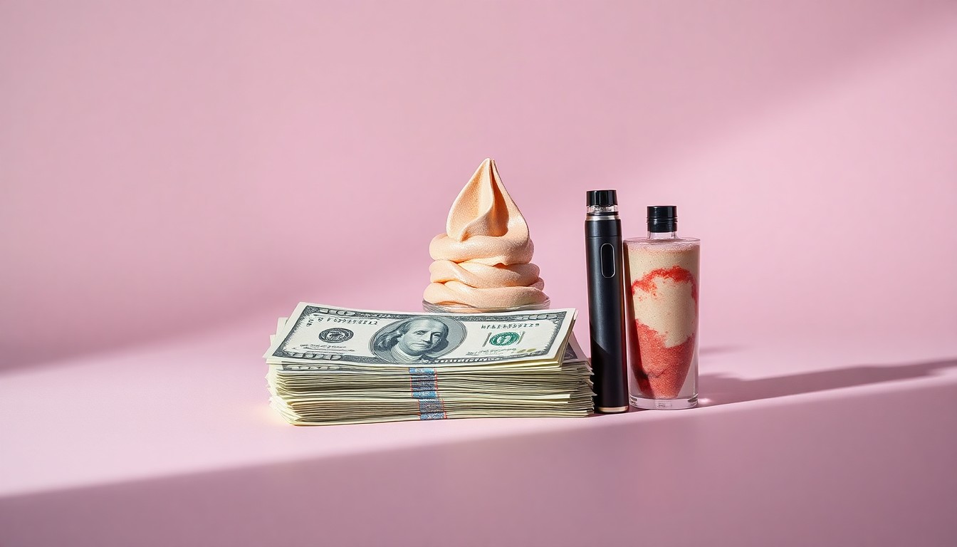 A minimalist studio still life photograph featuring a stack of colorful dollar bills, a scoop of frozen custard, and a sleek vape device, symbolizing the transition and growth of businesses in Columbia, Missouri.