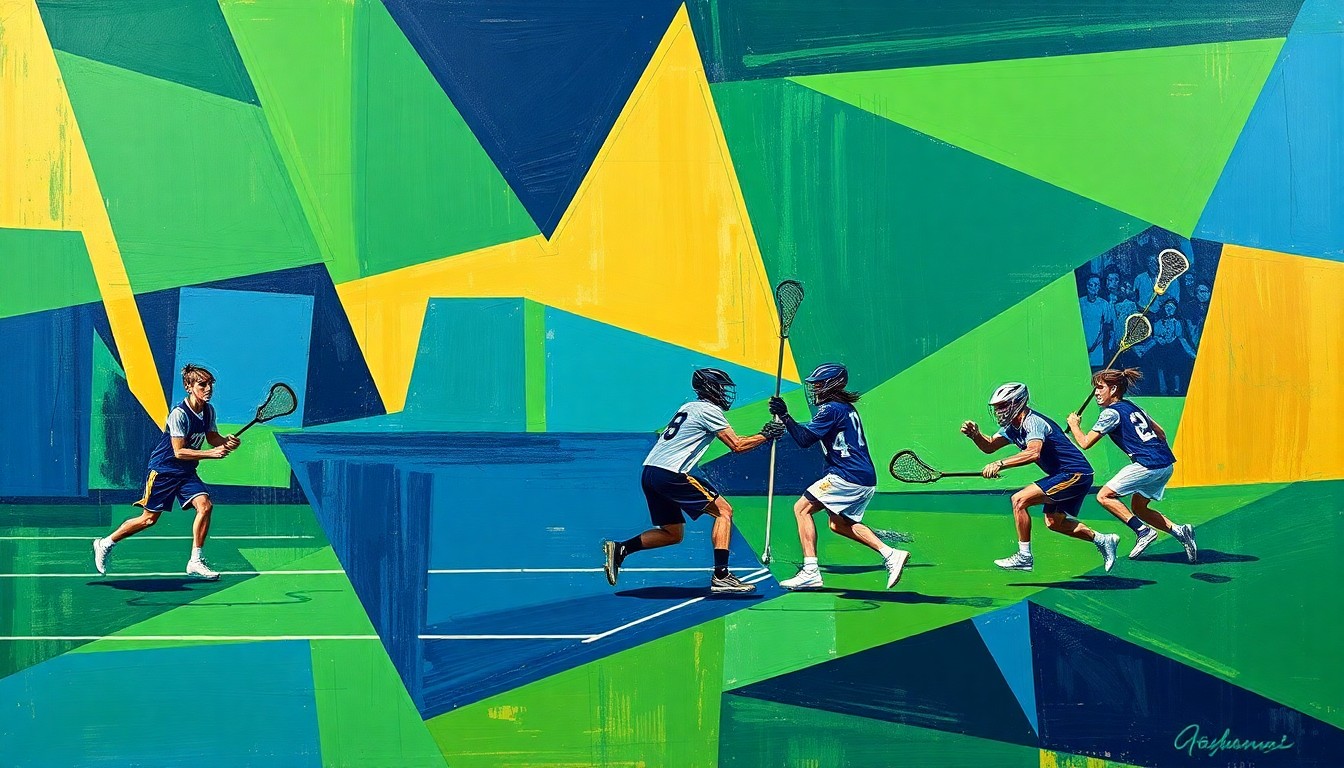 A cubist, geometric painting depicting a lacrosse game, with overlapping planes of navy blue, kelly green, and gold, conceptually representing the strategic battle between the two elite programs.