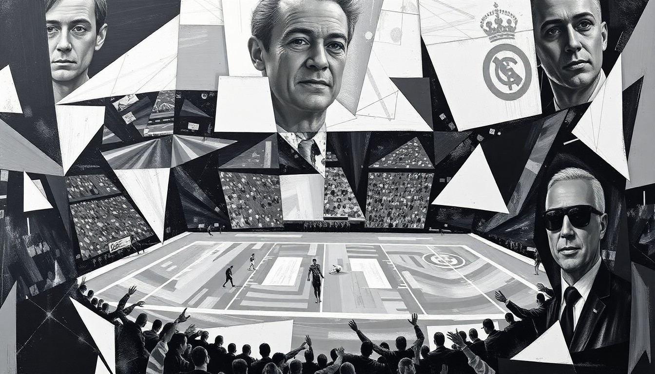 A cubist, geometric painting depicting a fragmented football scene, with overlapping planes and shapes in shades of gray, capturing the uncertainty and tension surrounding a quarterback's potential retirement.