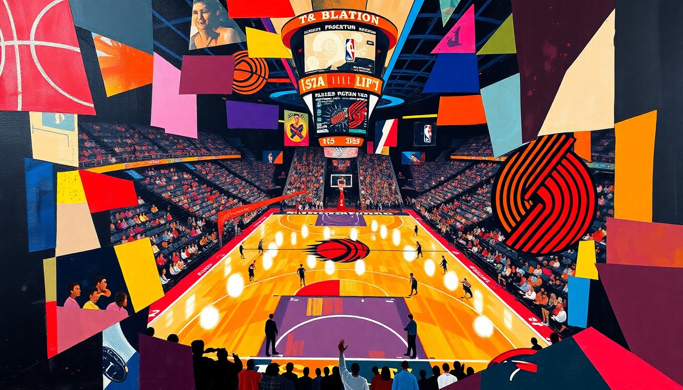 A cubist, geometric painting depicting a basketball game between the Phoenix Suns and Portland Trail Blazers, with sharp, overlapping planes of color representing the dynamic action on the court.