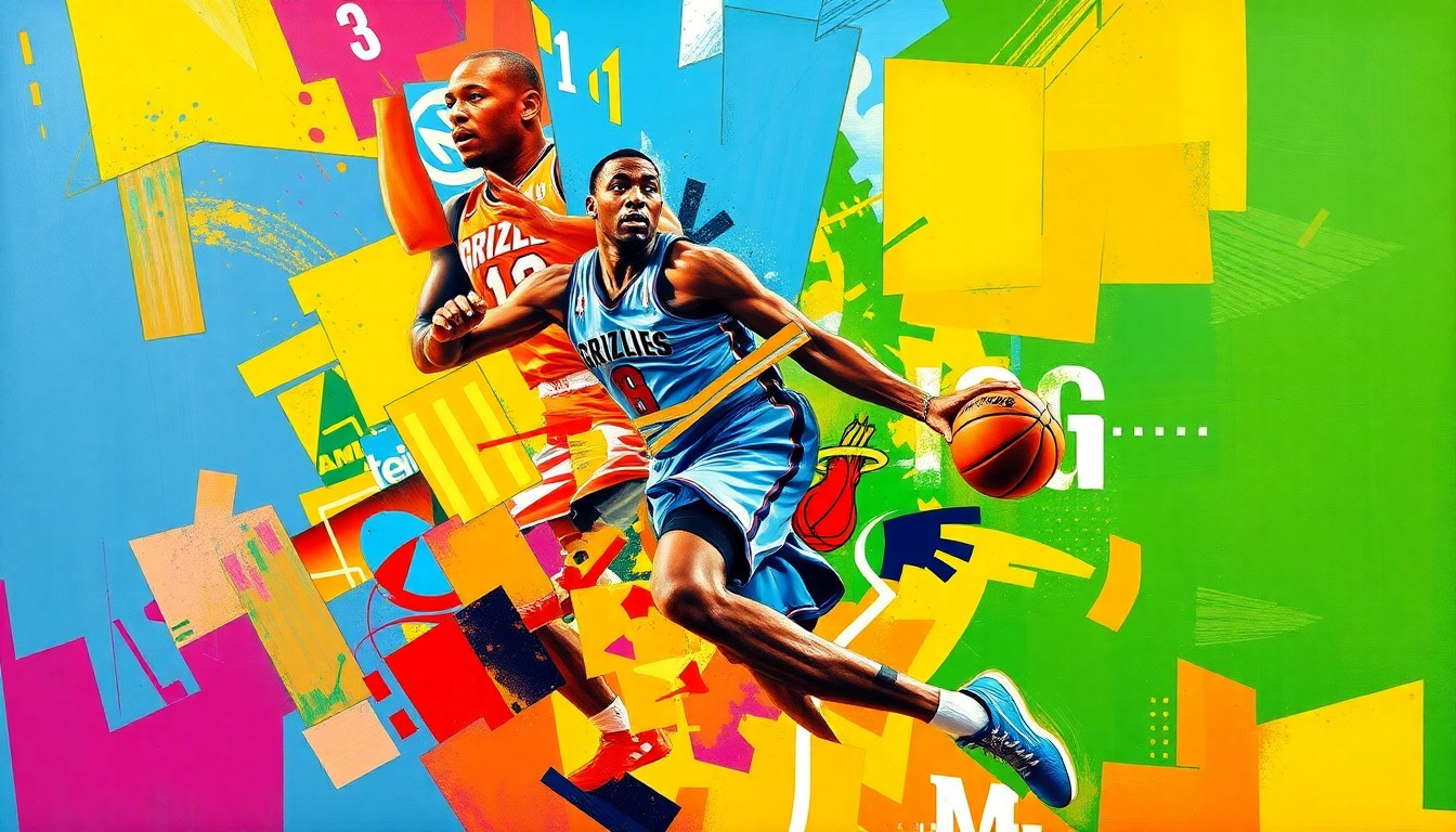 A fragmented, cubist-style painting depicting the dynamic movements of a basketball player, rendered in the team colors of the Memphis Grizzlies and Miami Heat, conceptually representing the comparison between the young prospect and an established NBA star.