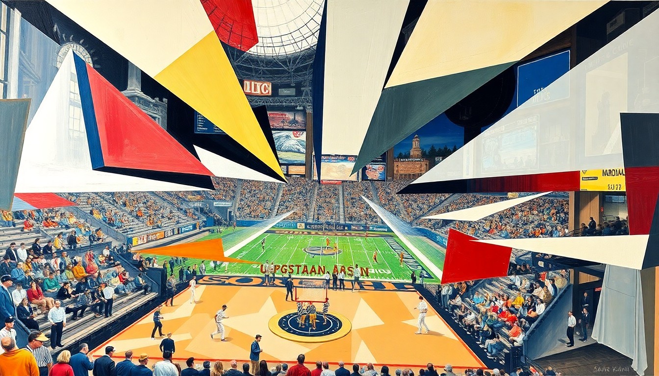 A cubist-style painting featuring overlapping geometric shapes and planes in shades of blue, red, and yellow, conceptually representing the disarray and lack of organization in the Wisconsin athletic department.