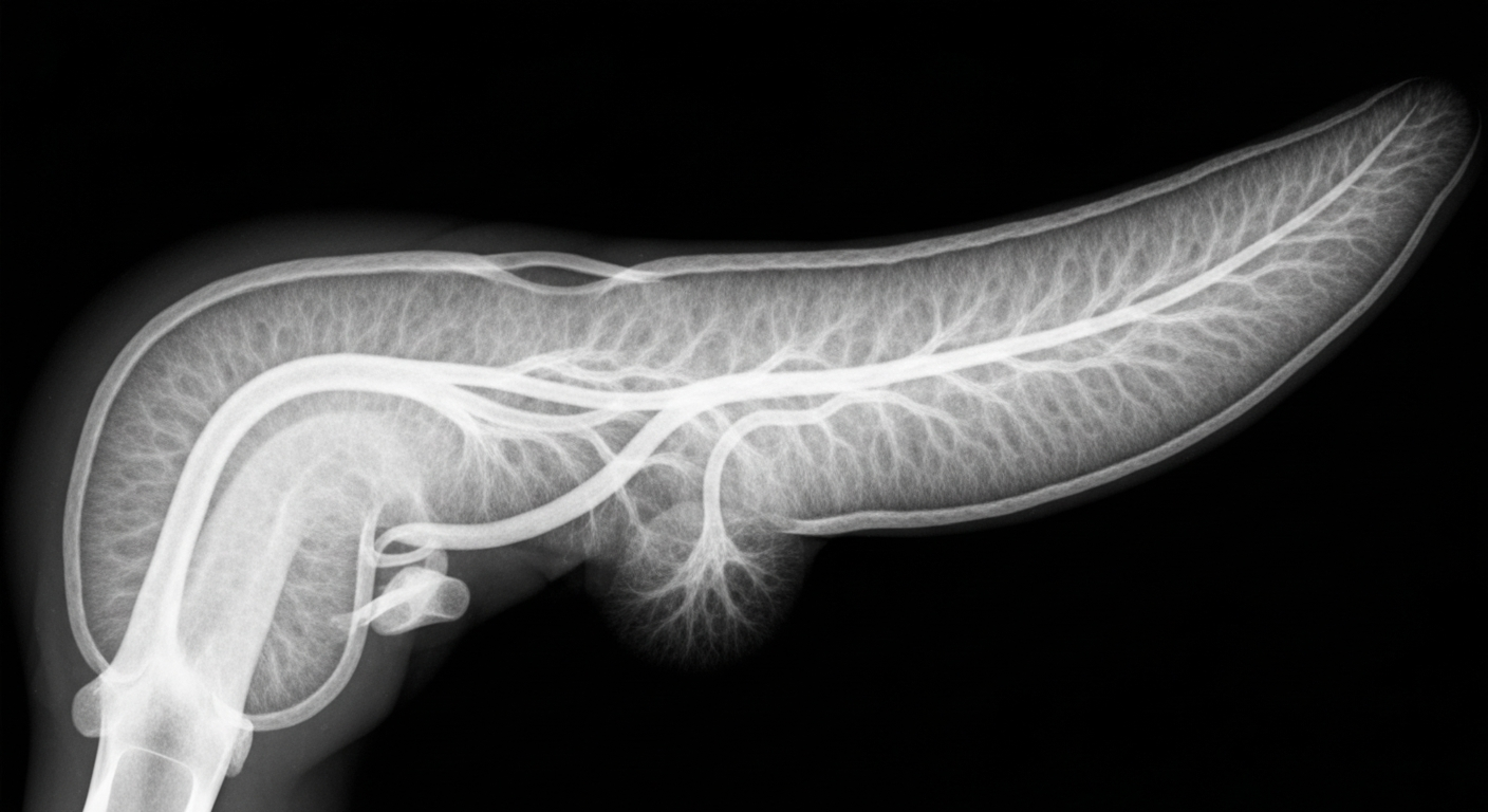 An extreme close-up X-ray photograph revealing the delicate internal structures of the human pancreas, conceptually illustrating a promising new cancer treatment targeting specific genetic markers.