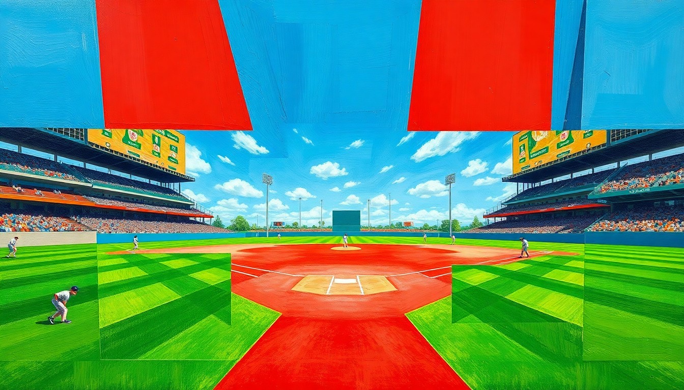A fragmented, cubist-style painting depicting a high school baseball game, with the field, players, and sky broken down into sharp, overlapping geometric shapes and planes of color.