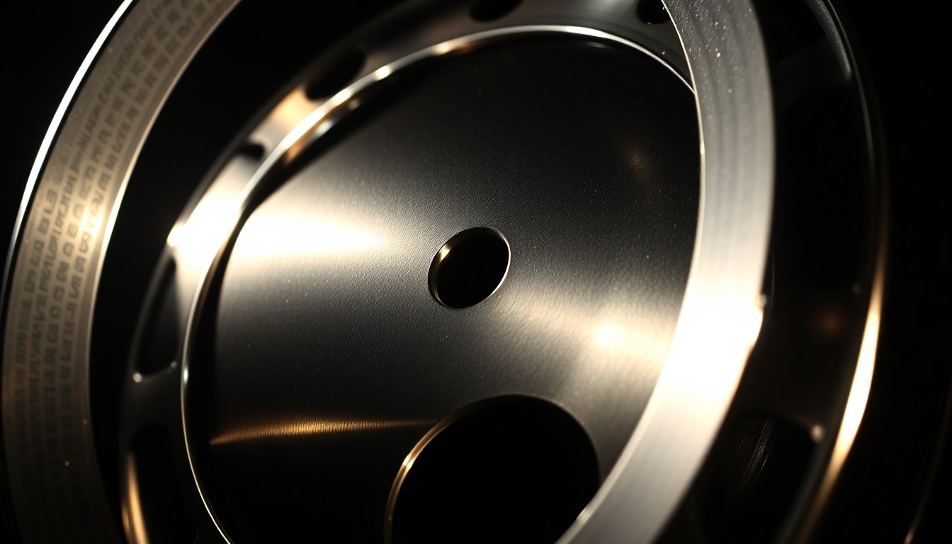An extreme close-up photograph of a shiny, metallic film reel captured in dramatic studio lighting, highlighting the luxurious, high-fashion texture and glittering reflections of the material.