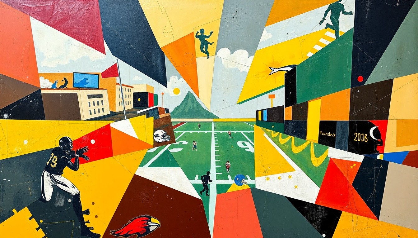 A fragmented, geometric painting depicting the complex choreography of NFL draft trades and player transactions, with sharp planes of color and form representing the multifaceted nature of these offseason maneuvers.