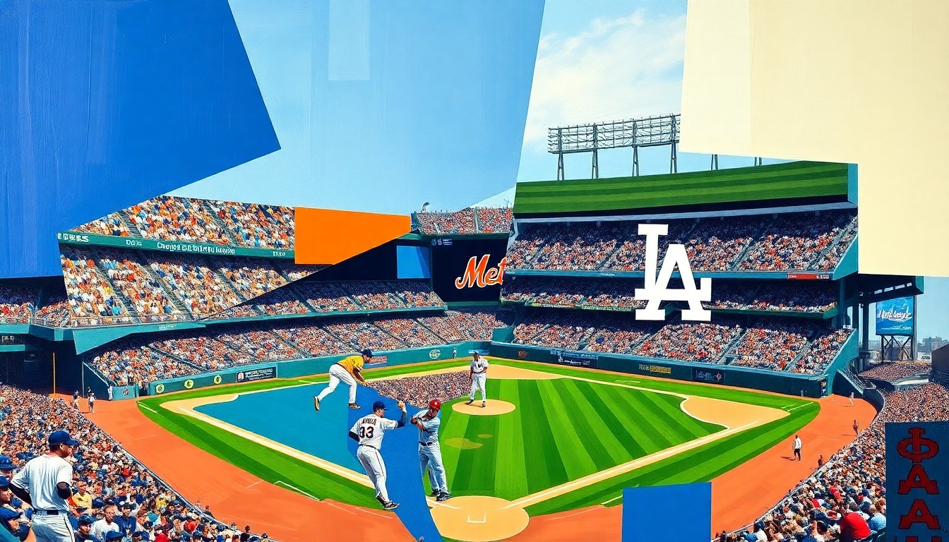 A fractured, cubist-style painting depicting a baseball game between the New York Mets and Los Angeles Dodgers, with sharp geometric shapes and vibrant colors representing the players, field, and action on the field.