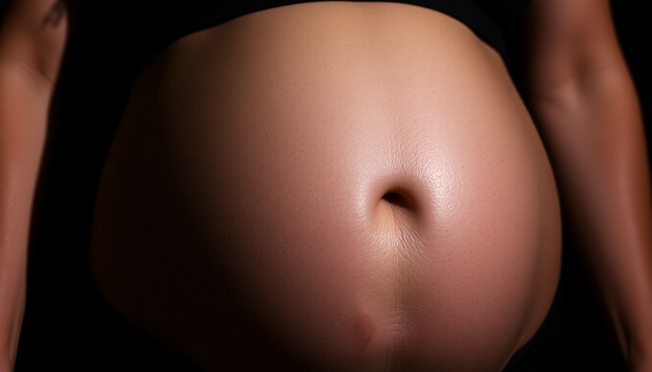 An abstract close-up photograph of a pregnant woman's belly, with the skin and fabric texture captured in dramatic, high-contrast lighting to create a glamorous, high-fashion aesthetic.
