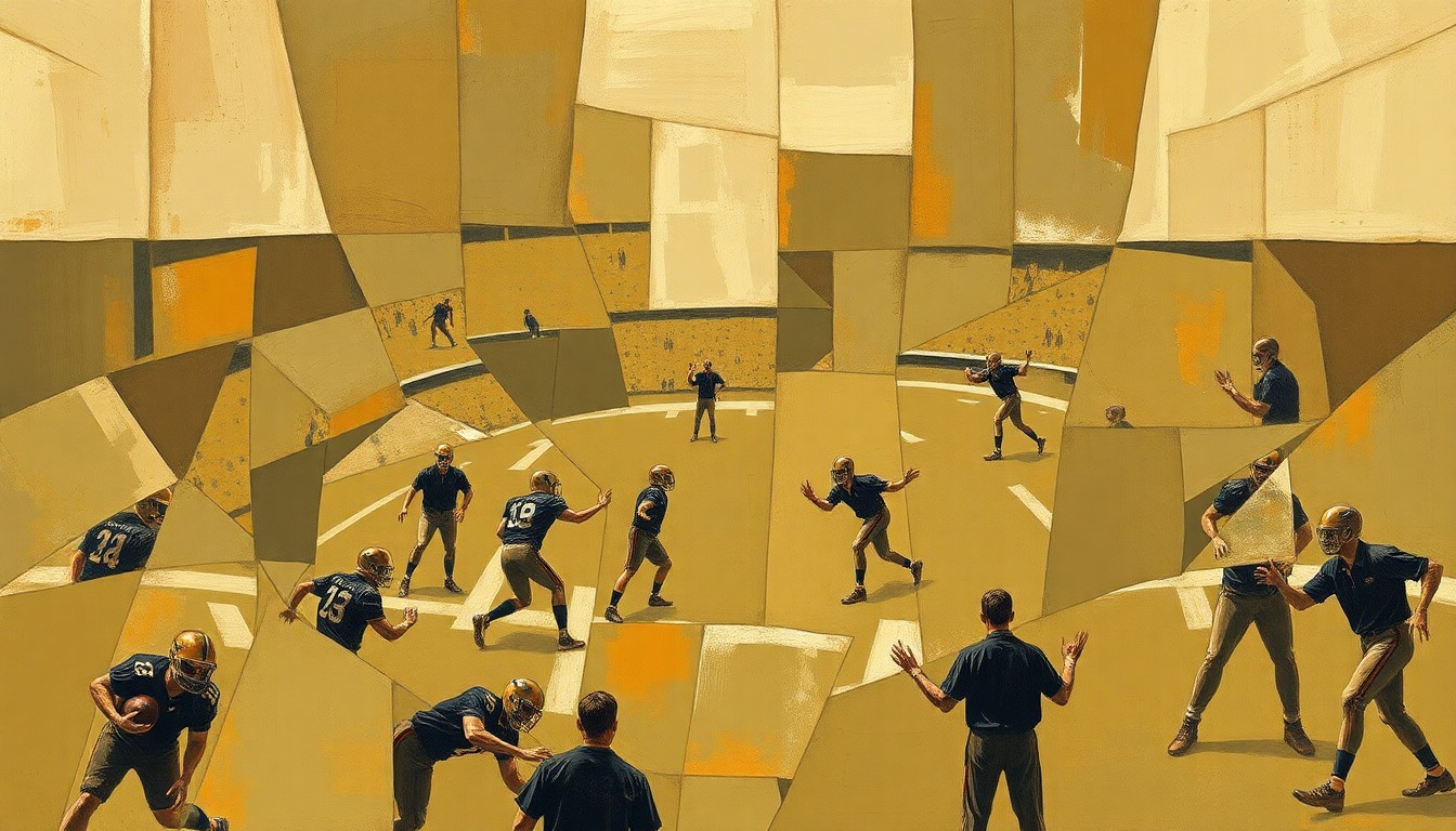 A fragmented, geometric painting depicting a football coaching scene, with sharp planes of muted earth tones overlapping to create a dynamic, abstract composition that captures the essence of the sport and the career of coach Dave McGinnis.
