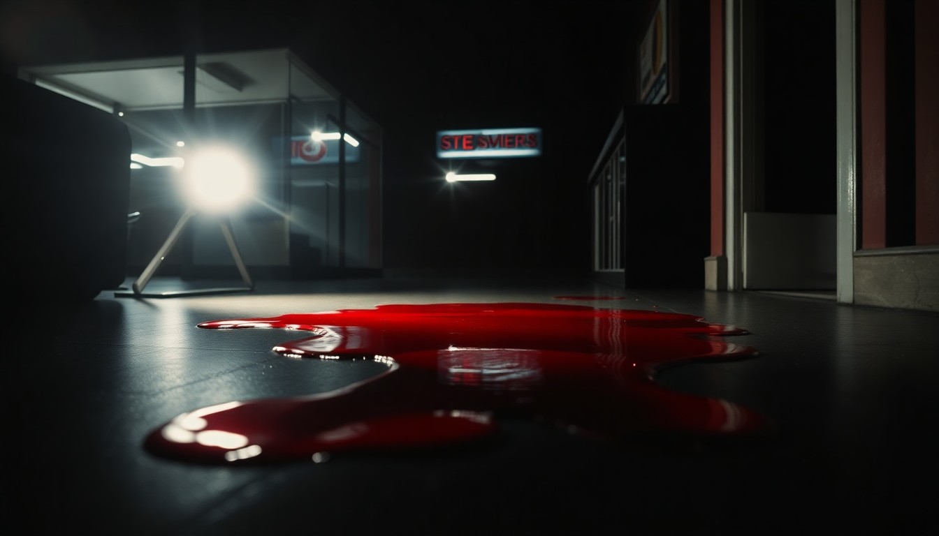 An extreme close-up photograph of a pool of blood on the floor of a business, creating a stark, gritty, investigative aesthetic without any text or identifying elements.