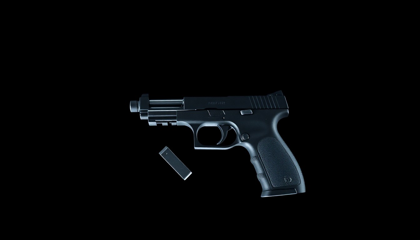 An extreme close-up photograph of a disassembled handgun against a pitch-black background, lit by a harsh, direct camera flash, conceptually representing the contradictory details and lack of transparency around the police shooting of Emeshyon Wilkins.