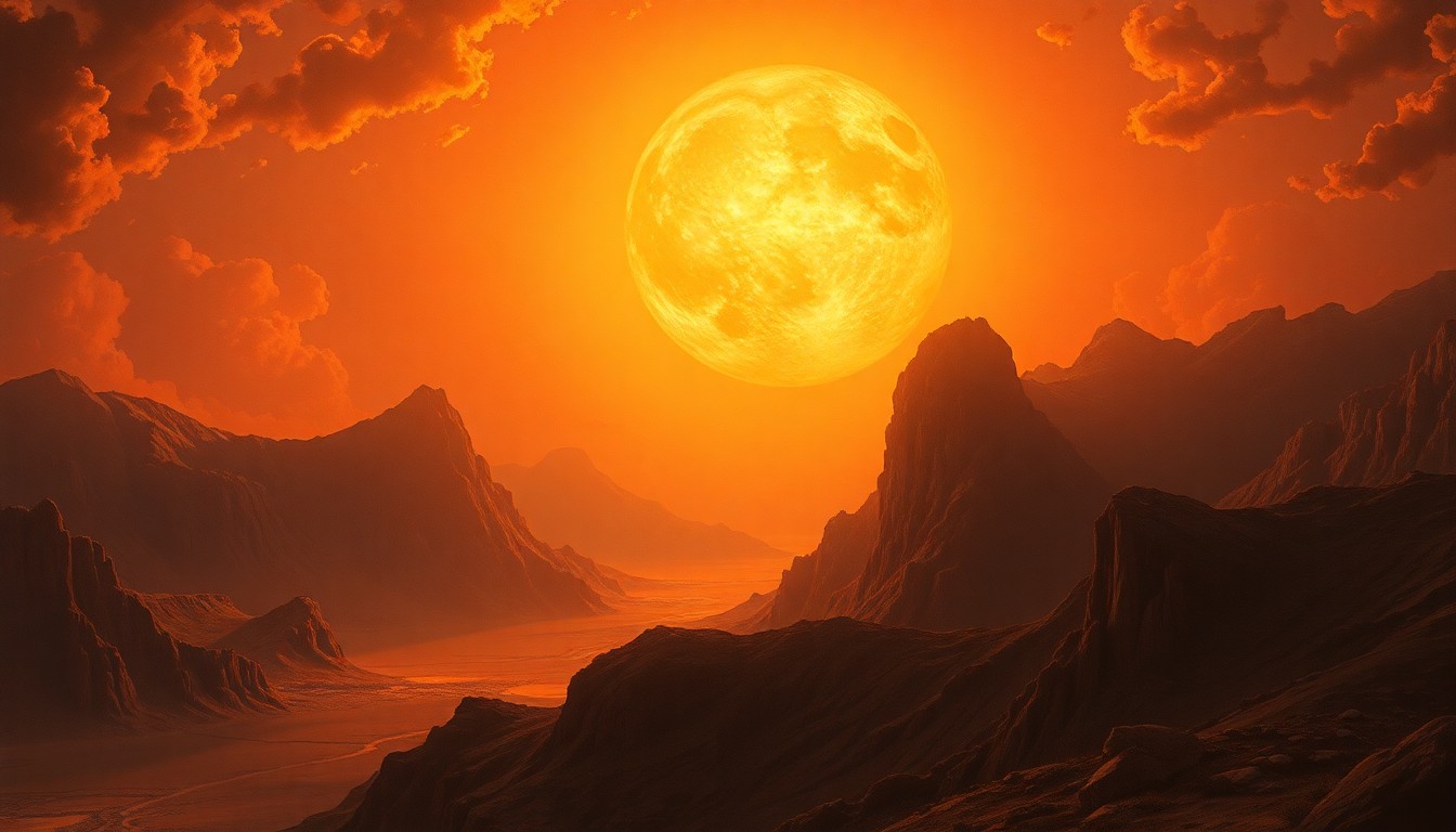 A sweeping, atmospheric landscape painting depicting a vast, hazy horizon under a scorching sun, with the intense heat dwarfing any physical structures or objects in the scene.