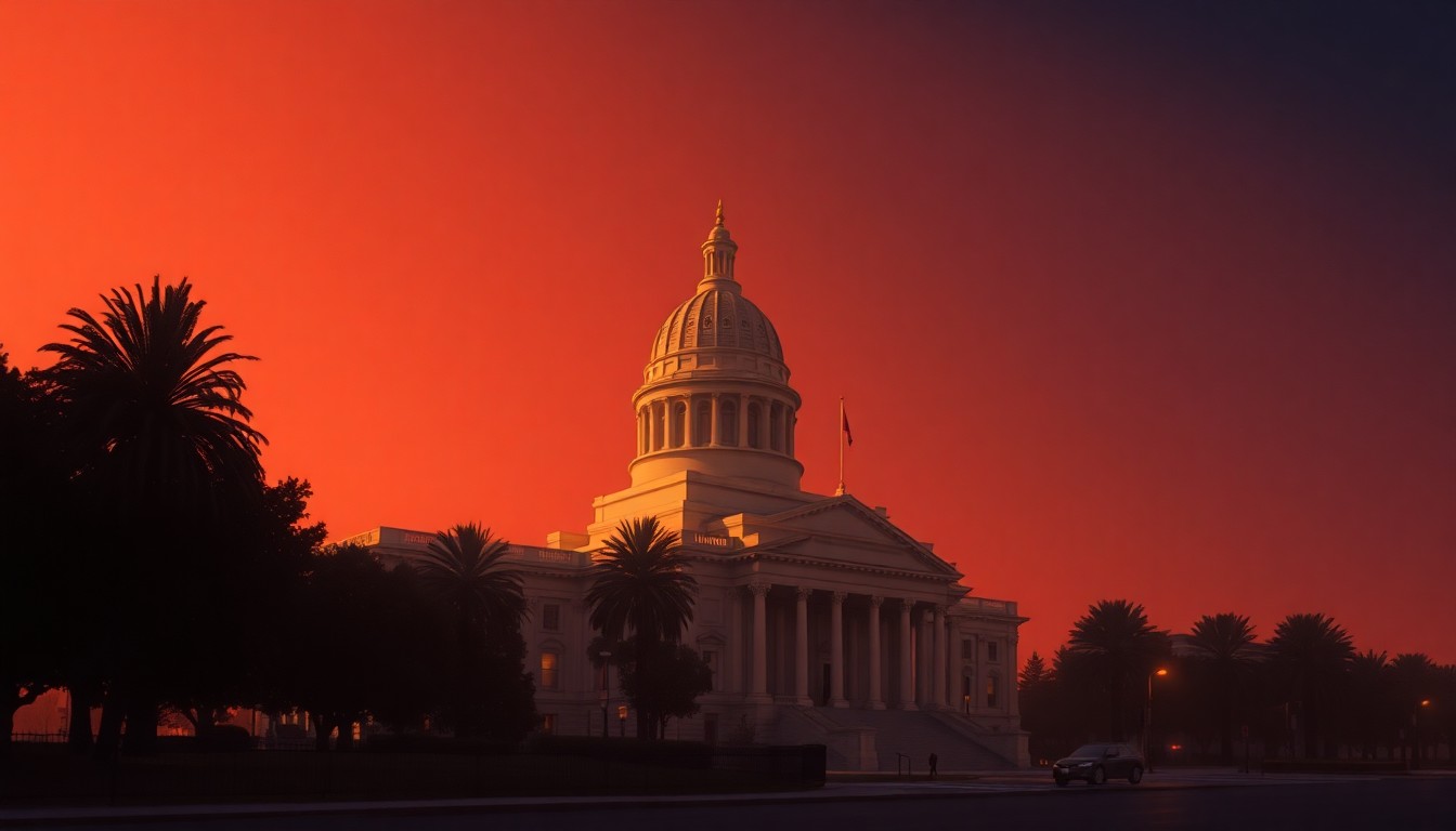 A photorealistic painting of the California state capitol building in Sacramento, rendered in a warm, cinematic style with dramatic shadows and highlights, conveying a sense of quiet contemplation about the state's political future.