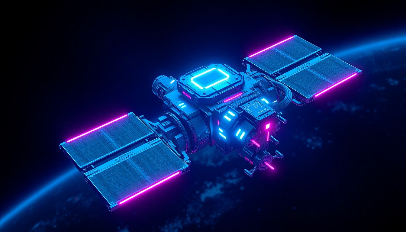A highly detailed, glowing 3D illustration of a complex, futuristic military satellite platform in orbit, with intricate cybernetic hardware and propulsion systems illuminated by neon cyan and magenta lights, conceptually representing the next generation of space warfare technology.
